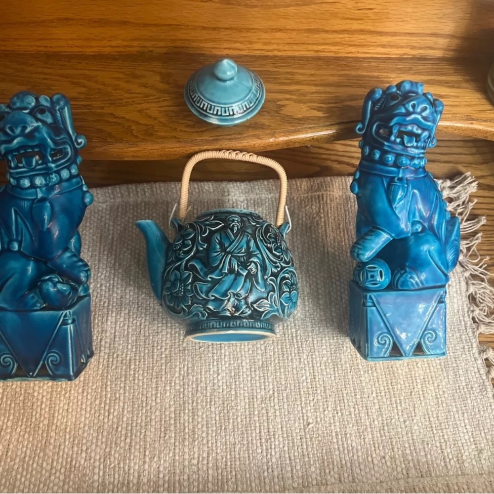 Ceramic Teal Foo Dog Set with Teapot
